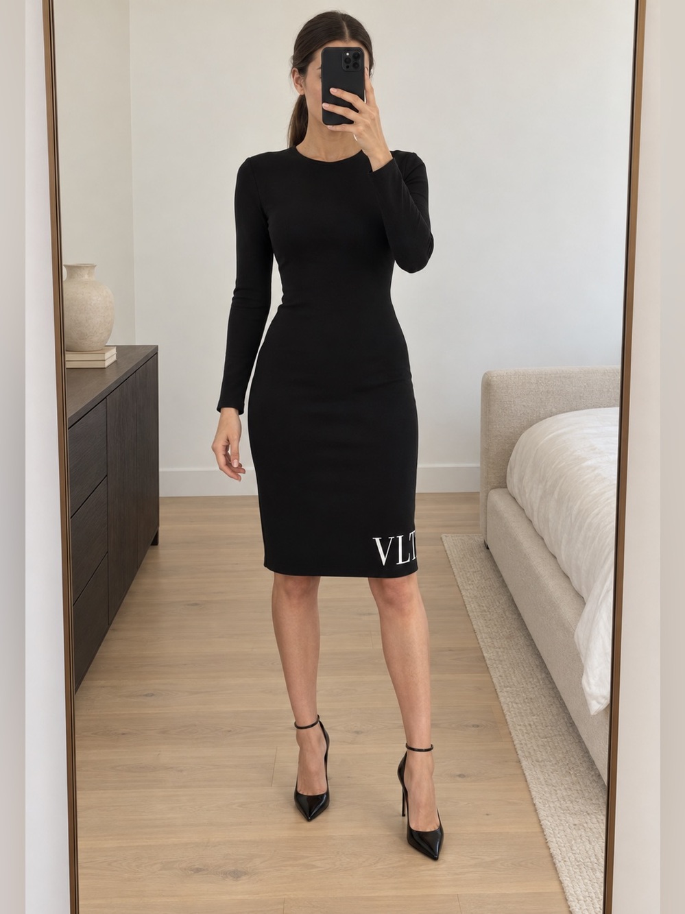 Valentino Black Black Long Sleeve Dress  Bodycon, Modern Streetwear Minimalist